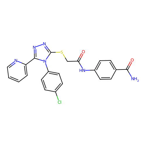 4-{2-[4-(4-chlorophenyl)-5-(2-pyridyl)-1,2,4-triazol-3-ylthio]acetylamino}benz amide structure