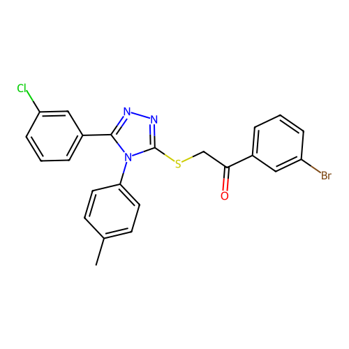 1-(3-bromophenyl)-2-[[5-(3-chlorophenyl)-4-(4-methylphenyl)-1,2,4-triazol-3-yl]sulfanyl]ethanone structure