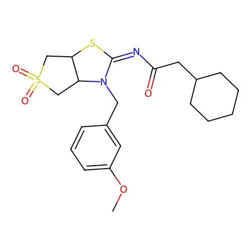 (Z)-2-cyclohexyl-N-(3-(3-methoxybenzyl)-5,5-dioxidotetrahydrothieno[3,4-d]thiazol-2(3H)-ylidene)acetamide structure