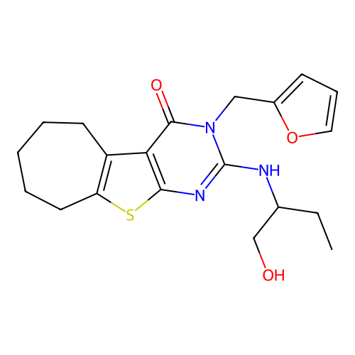 3-(furan-2-ylmethyl)-2-((1-hydroxybutan-2-yl)amino)-6,7,8,9-tetrahydro-3H-cyclohepta[4,5]thieno[2,3-d]pyrimidin-4(5H)-one structure