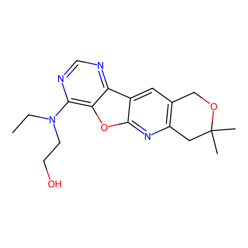2-((8,8-dimethyl-8,10-dihydro-7H-pyrano[3'',4'':5',6']pyrido[3',2':4,5]furo[3,2-d]pyrimidin-4-yl)(ethyl)amino)ethanol structure