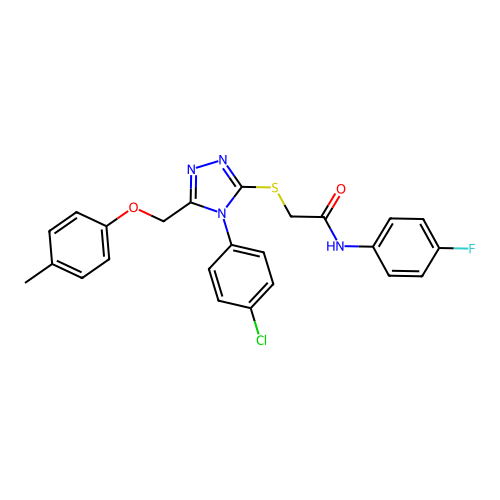 2-((4-(4-chlorophenyl)-5-((p-tolyloxy)methyl)-4H-1,2,4-triazol-3-yl)thio)-N-(4-fluorophenyl)acetamide structure