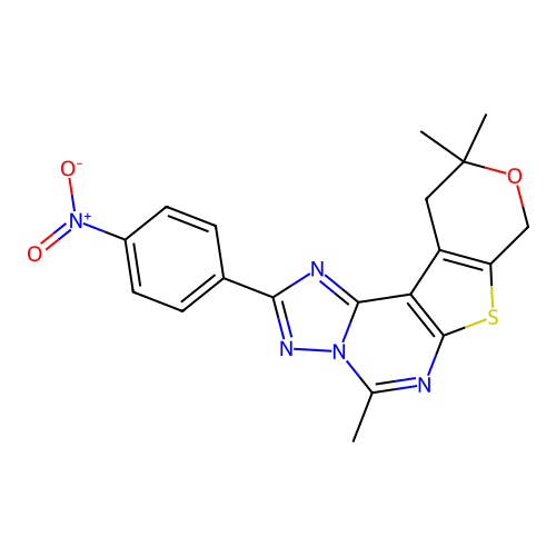 5,10,10-trimethyl-2-(4-nitrophenyl)-10,11-dihydro-8H-pyrano[4',3':4,5]thieno[3,2-e][1,2,4]triazolo[1,5-c]pyrimidine structure
