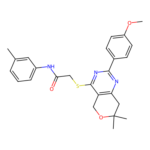 2-((2-(4-methoxyphenyl)-7,7-dimethyl-7,8-dihydro-5H-pyrano[4,3-d]pyrimidin-4-yl)thio)-N-(m-tolyl)acetamide structure