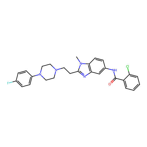 2-chloro-N-(2-(2-(4-(4-fluorophenyl)piperazin-1-yl)ethyl)-1-methyl-1H-benzo[d]imidazol-5-yl)benzamide structure