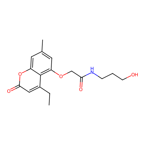 2-((4-ethyl-7-methyl-2-oxo-2H-chromen-5-yl)oxy)-N-(3-hydroxypropyl)acetamide structure