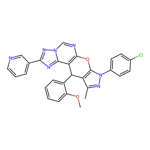 8-(4-chlorophenyl)-11-(2-methoxyphenyl)-10-methyl-2-(pyridin-3-yl)-8,11-dihydropyrazolo[4',3':5,6]pyrano[3,2-e][1,2,4]triazolo[1,5-c]pyrimidine structure