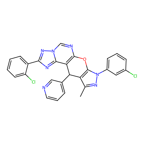 2-(2-chlorophenyl)-8-(3-chlorophenyl)-10-methyl-11-(pyridin-3-yl)-8,11-dihydropyrazolo[4',3':5,6]pyrano[3,2-e][1,2,4]triazolo[1,5-c]pyrimidine structure