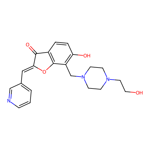 (2Z)-6-hydroxy-7-{[4-(2-hydroxyethyl)piperazin-1-yl]methyl}-2-[(pyridin-3-yl)methylidene]-2,3-dihydro-1-benzofuran-3-one structure