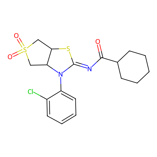 (Z)-N-(3-(2-chlorophenyl)-5,5-dioxidotetrahydrothieno[3,4-d]thiazol-2(3H)-ylidene)cyclohexanecarboxamide structure