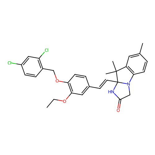 (E)-9a-(4-((2,4-dichlorobenzyl)oxy)-3-ethoxystyryl)-7,9,9-trimethyl-9,9a-dihydro-1H-imidazo[1,2-a]indol-2(3H)-one structure