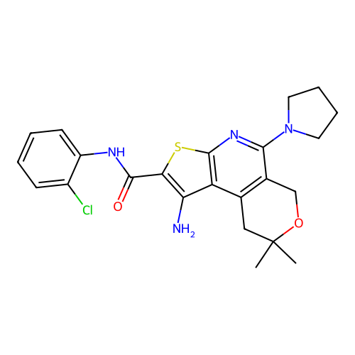 1-amino-N-(2-chlorophenyl)-8,8-dimethyl-5-(pyrrolidin-1-yl)-8,9-dihydro-6H-pyrano[4,3-d]thieno[2,3-b]pyridine-2-carboxamide structure