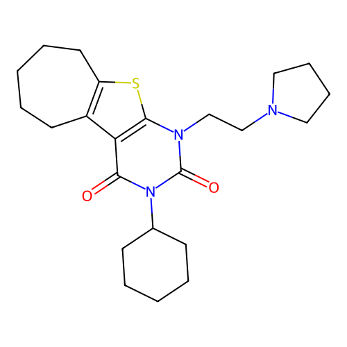 3-cyclohexyl-1-(2-(pyrrolidin-1-yl)ethyl)-6,7,8,9-tetrahydro-1H-cyclohepta[4,5]thieno[2,3-d]pyrimidine-2,4(3H,5H)-dione structure
