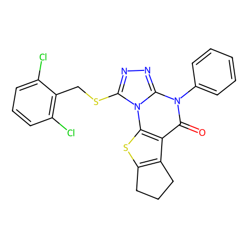 1-((2,6-dichlorobenzyl)thio)-4-phenyl-7,8-dihydro-4H-cyclopenta[4,5]thieno[3,2-e][1,2,4]triazolo[4,3-a]pyrimidin-5(6H)-one structure