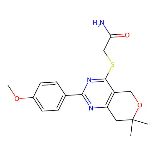 2-((2-(4-methoxyphenyl)-7,7-dimethyl-7,8-dihydro-5H-pyrano[4,3-d]pyrimidin-4-yl)thio)acetamide structure