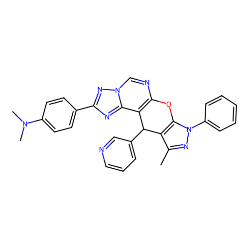 N,N-dimethyl-4-(10-methyl-8-phenyl-11-(pyridin-3-yl)-8,11-dihydropyrazolo[4',3':5,6]pyrano[3,2-e][1,2,4]triazolo[1,5-c]pyrimidin-2-yl)aniline structure