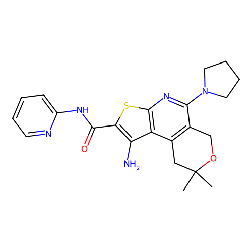 1-amino-8,8-dimethyl-N-(pyridin-2-yl)-5-(pyrrolidin-1-yl)-8,9-dihydro-6H-pyrano[4,3-d]thieno[2,3-b]pyridine-2-carboxamide structure