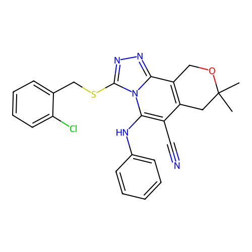 3-((2-chlorobenzyl)thio)-8,8-dimethyl-5-(phenylamino)-8,10-dihydro-7H-pyrano[3,4-c][1,2,4]triazolo[4,3-a]pyridine-6-carbonitrile structure