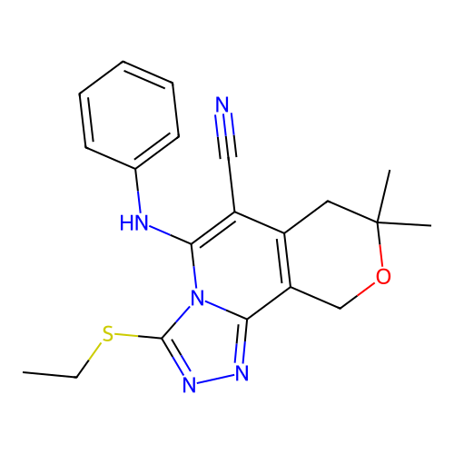 3-(ethylsulfanyl)-8,8-dimethyl-5-(phenylamino)-7,10-dihydro-8H-pyrano[3,4-c][1,2,4]triazolo[4,3-a]pyridine-6-carbonitrile structure