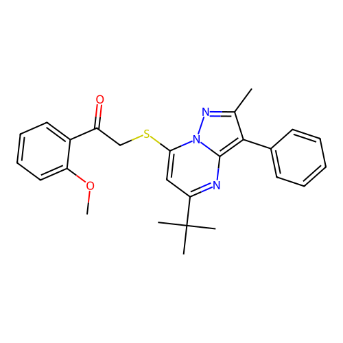 2-((5-(tert-butyl)-2-methyl-3-phenylpyrazolo[1,5-a]pyrimidin-7-yl)thio)-1-(2-methoxyphenyl)ethanone structure