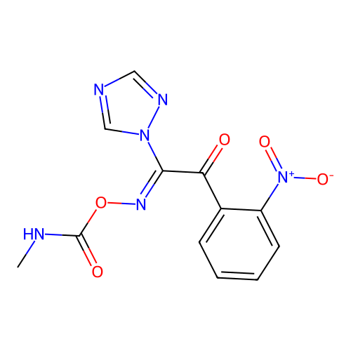 (Z)-2-(((methylcarbamoyl)oxy)imino)-1-(2-nitrophenyl)-2-(1H-1,2,4-triazol-1-yl)ethanone structure