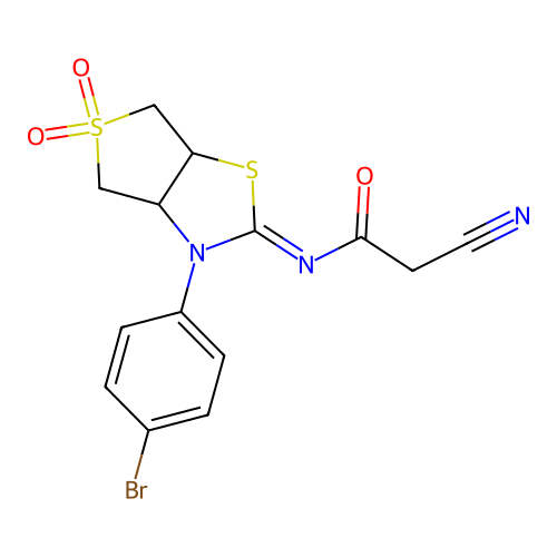 (Z)-N-(3-(4-bromophenyl)-5,5-dioxidotetrahydrothieno[3,4-d]thiazol-2(3H)-ylidene)-2-cyanoacetamide structure