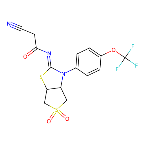 (Z)-2-cyano-N-(5,5-dioxido-3-(4-(trifluoromethoxy)phenyl)tetrahydrothieno[3,4-d]thiazol-2(3H)-ylidene)acetamide structure