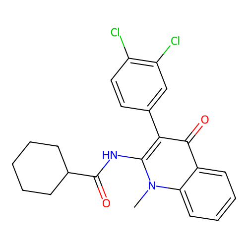N-(3-(3,4-dichlorophenyl)-1-methyl-4-oxo-1,4-dihydroquinolin-2-yl)cyclohexanecarboxamide structure