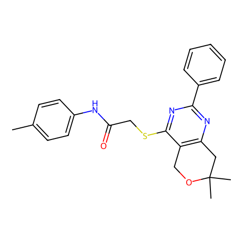 2-((7,7-dimethyl-2-phenyl-7,8-dihydro-5H-pyrano[4,3-d]pyrimidin-4-yl)thio)-N-(p-tolyl)acetamide structure