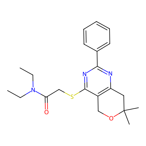2-[(7,7-dimethyl-2-phenyl-5,8-dihydropyrano[4,3-d]pyrimidin-4-yl)sulfanyl]-N,N-diethylacetamide structure