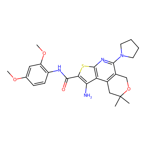 1-amino-N-(2,4-dimethoxyphenyl)-8,8-dimethyl-5-(pyrrolidin-1-yl)-8,9-dihydro-6H-pyrano[4,3-d]thieno[2,3-b]pyridine-2-carboxamide structure
