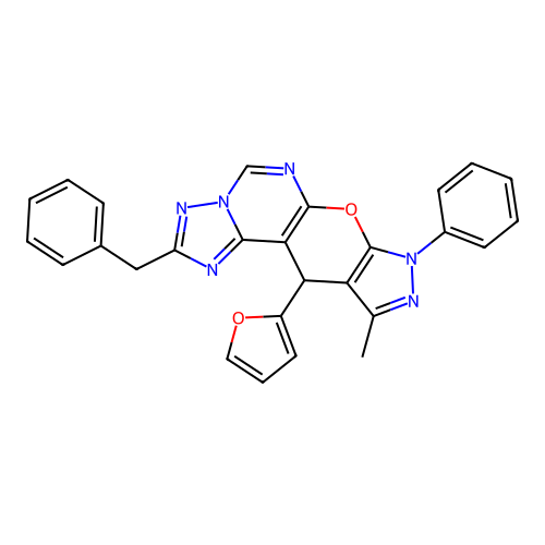 2-benzyl-11-(furan-2-yl)-10-methyl-8-phenyl-8,11-dihydropyrazolo[4',3':5,6]pyrano[3,2-e][1,2,4]triazolo[1,5-c]pyrimidine structure