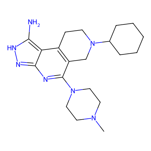 7-cyclohexyl-5-(4-methylpiperazin-1-yl)-6,7,8,9-tetrahydro-3H-pyrazolo[3,4-c][2,7]naphthyridin-1-amine structure