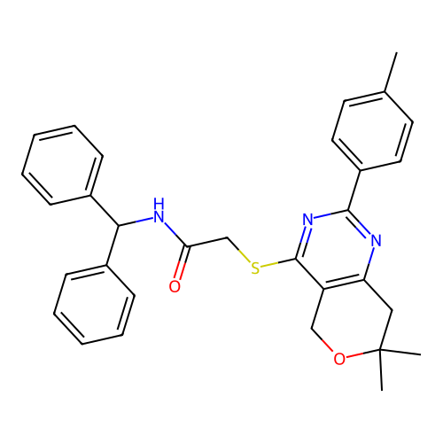 2-{[7,7-dimethyl-2-(4-methylphenyl)-7,8-dihydro-5H-pyrano[4,3-d]pyrimidin-4-yl]sulfanyl}-N-(diphenylmethyl)acetamide structure