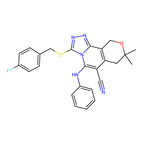 3-((4-fluorobenzyl)thio)-8,8-dimethyl-5-(phenylamino)-8,10-dihydro-7H-pyrano[3,4-c][1,2,4]triazolo[4,3-a]pyridine-6-carbonitrile structure