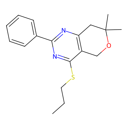 7,7-dimethyl-2-phenyl-4-(propylsulfanyl)-7,8-dihydro-5H-pyrano[4,3-d]pyrimidine structure
