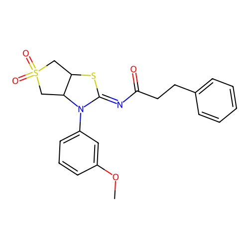 N-[(2E)-3-(3-methoxyphenyl)-5,5-dioxidotetrahydrothieno[3,4-d][1,3]thiazol-2(3H)-ylidene]-3-phenylpropanamide structure