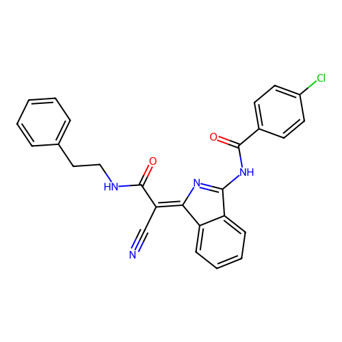 (Z)-4-chloro-N-(1-(1-cyano-2-oxo-2-(phenethylamino)ethylidene)-1H-isoindol-3-yl)benzamide structure