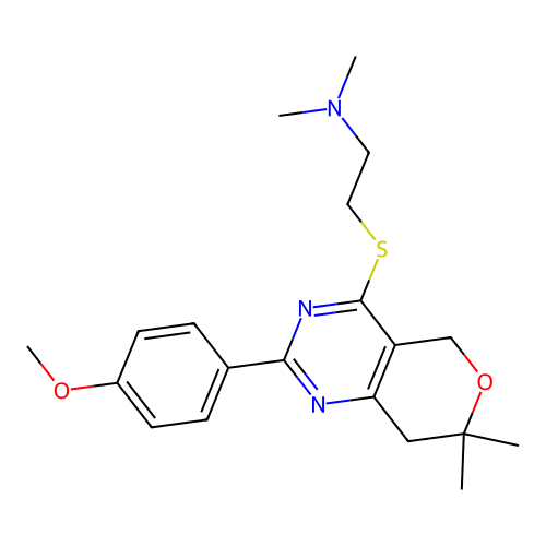 2-((2-(4-methoxyphenyl)-7,7-dimethyl-7,8-dihydro-5H-pyrano[4,3-d]pyrimidin-4-yl)thio)-N,N-dimethylethanamine structure