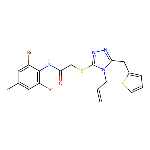N-(2,6-dibromo-4-methylphenyl)-2-{[4-(prop-2-en-1-yl)-5-(thiophen-2-ylmethyl)-4H-1,2,4-triazol-3-yl]sulfanyl}acetamide structure
