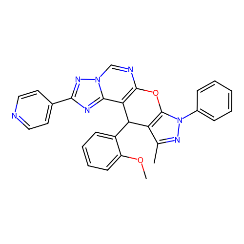 11-(2-methoxyphenyl)-10-methyl-8-phenyl-2-(pyridin-4-yl)-8,11-dihydropyrazolo[4',3':5,6]pyrano[3,2-e][1,2,4]triazolo[1,5-c]pyrimidine structure