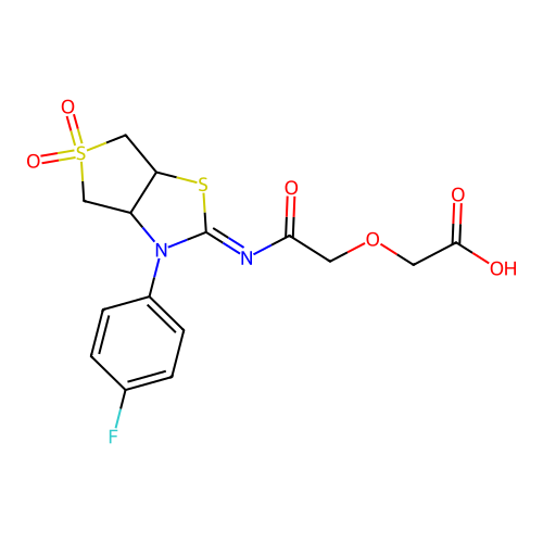 (2-{[(2Z)-3-(4-fluorophenyl)-5,5-dioxidotetrahydrothieno[3,4-d][1,3]thiazol-2(3H)-ylidene]amino}-2-oxoethoxy)acetic acid structure