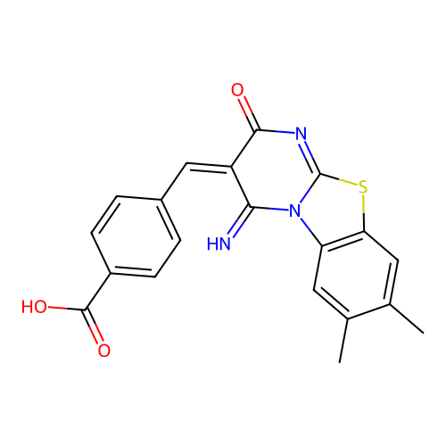 (E)-4-((4-imino-7,8-dimethyl-2-oxo-2H-benzo[4,5]thiazolo[3,2-a]pyrimidin-3(4H)-ylidene)methyl)benzoic acid structure