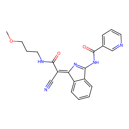 (Z)-N-(1-(1-cyano-2-((3-methoxypropyl)amino)-2-oxoethylidene)-1H-isoindol-3-yl)nicotinamide structure