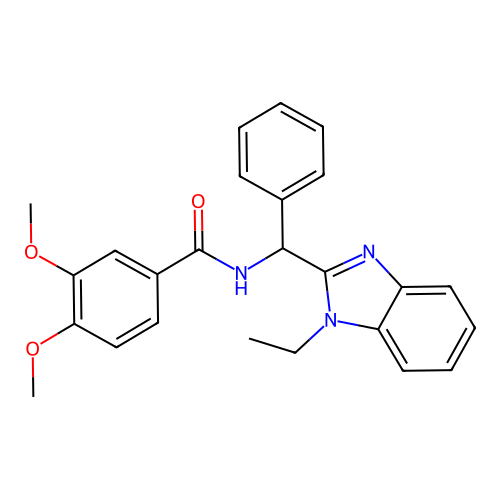 N-[(1-ethyl-1H-benzimidazol-2-yl)(phenyl)methyl]-3,4-dimethoxybenzamide structure