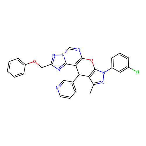8-(3-chlorophenyl)-10-methyl-2-(phenoxymethyl)-11-(pyridin-3-yl)-8,11-dihydropyrazolo[4',3':5,6]pyrano[3,2-e][1,2,4]triazolo[1,5-c]pyrimidine structure