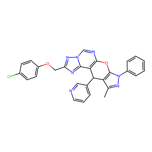 2-((4-chlorophenoxy)methyl)-10-methyl-8-phenyl-11-(pyridin-3-yl)-8,11-dihydropyrazolo[4',3':5,6]pyrano[3,2-e][1,2,4]triazolo[1,5-c]pyrimidine structure