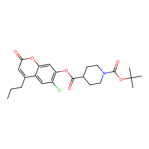 1-tert-butyl 4-(6-chloro-2-oxo-4-propyl-2H-chromen-7-yl) piperidine-1,4-dicarboxylate structure
