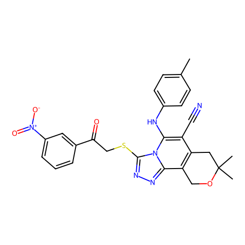 8,8-dimethyl-3-((2-(3-nitrophenyl)-2-oxoethyl)thio)-5-(p-tolylamino)-8,10-dihydro-7H-pyrano[3,4-c][1,2,4]triazolo[4,3-a]pyridine-6-carbonitrile structure