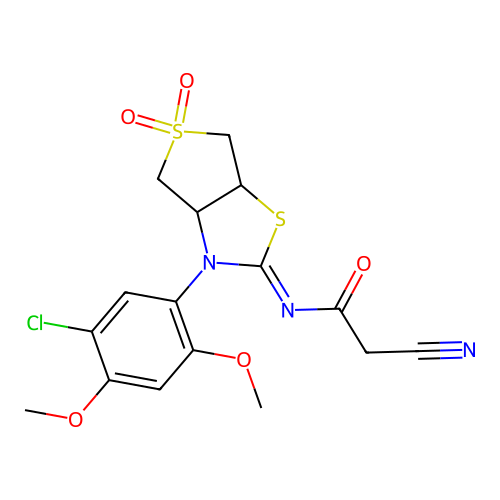 (Z)-N-(3-(5-chloro-2,4-dimethoxyphenyl)-5,5-dioxidotetrahydrothieno[3,4-d]thiazol-2(3H)-ylidene)-2-cyanoacetamide structure